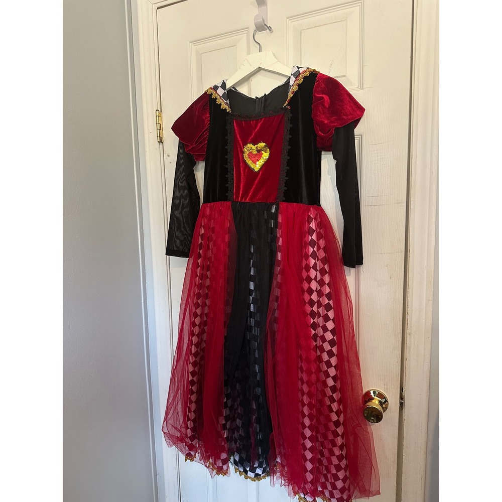 Kids Queen of Hearts Costume Dress Red Black Velvet Tulle Sequin Heart Halloween